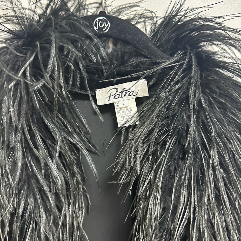 Like new Vtg Patra Black Velvet Ostrich Feather Shawl Collar Long Duster L - Picture 2 of 14
